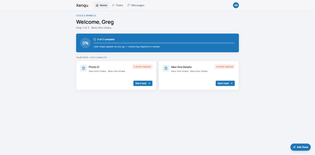 Secure portal showing required New Hire Intake tasks